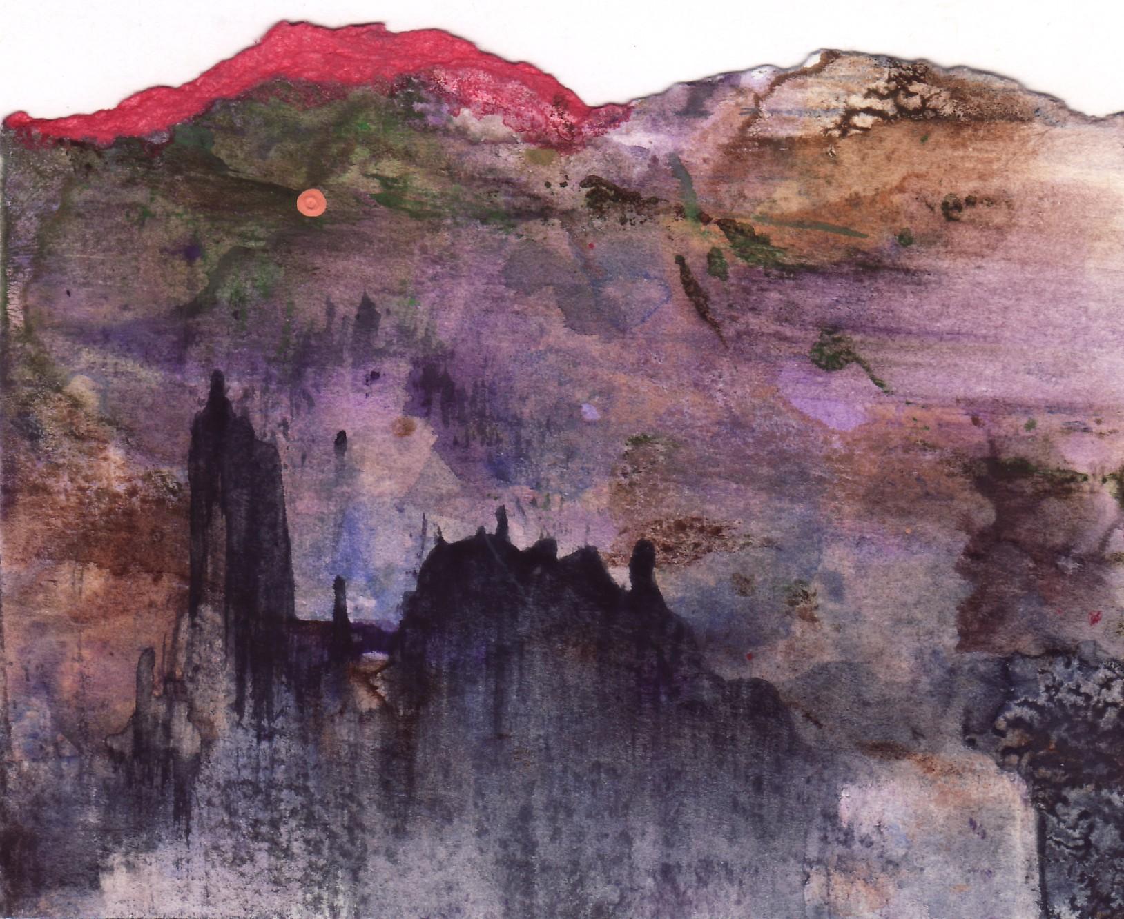 Karl Lorenzen Landscape Painting - Crimson Canyon 3, watercolor on paper, sunset scene over mountains