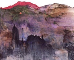 Crimson Canyon 3, watercolor on paper, sunset scene over mountains