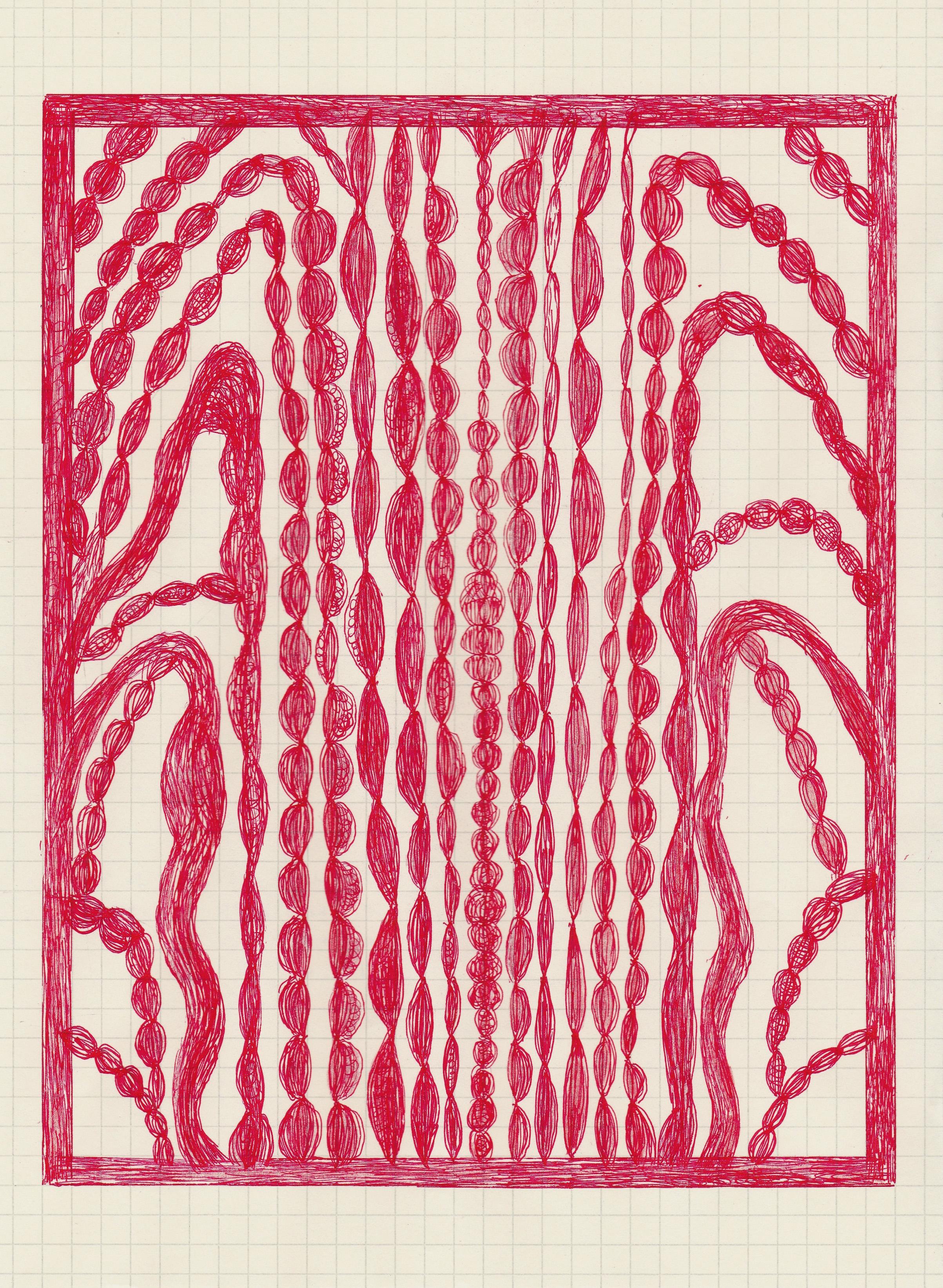 In the North Woods, abstract geometric pattern, red work on paper