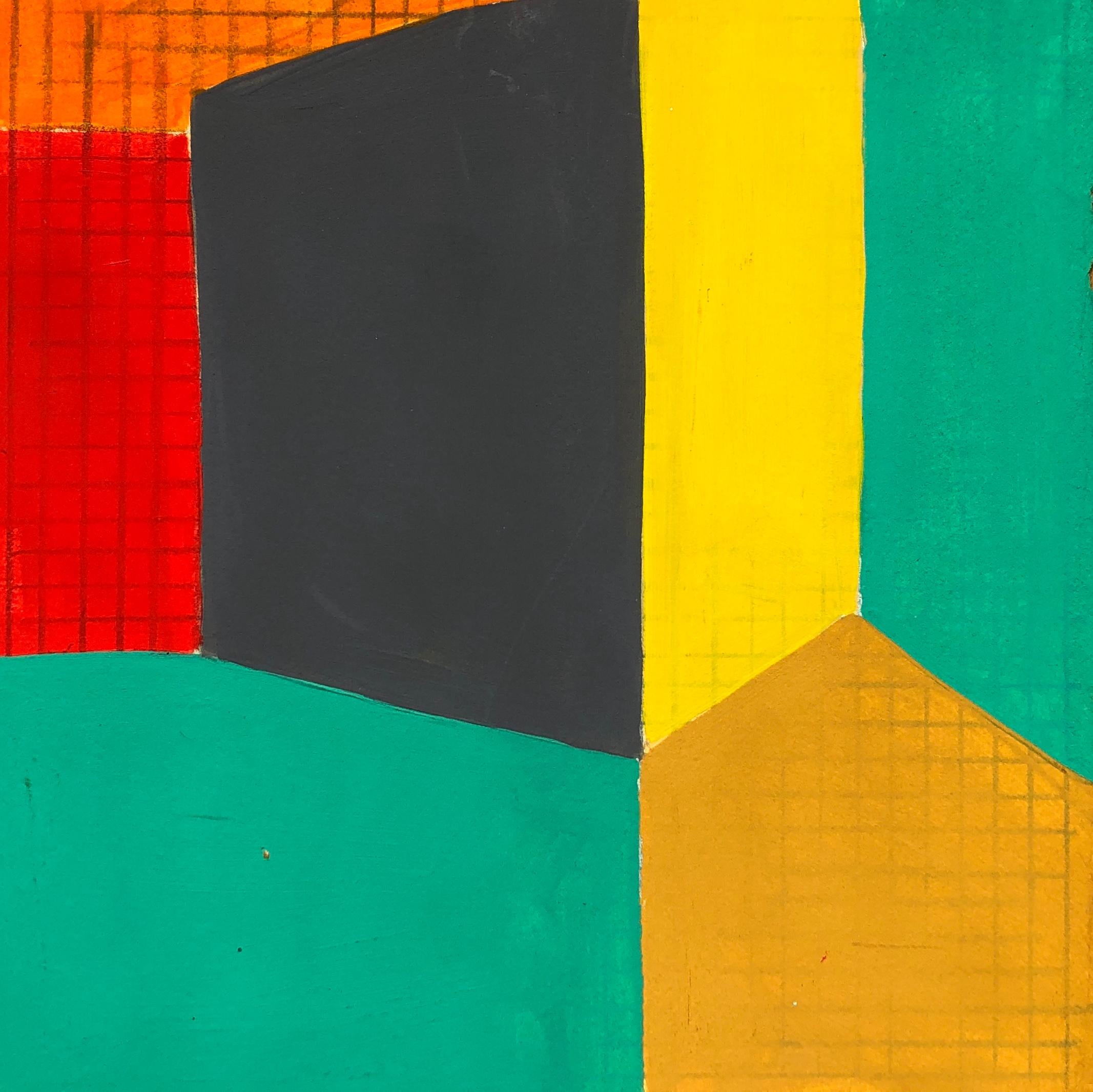 Caryn Azoff Abstract Drawing - B1, abstract geometric pattern, mixed media on paper, green, yellow and red