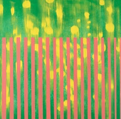 Dandelion, green, pink and yellow abstract oil painting on wood panel