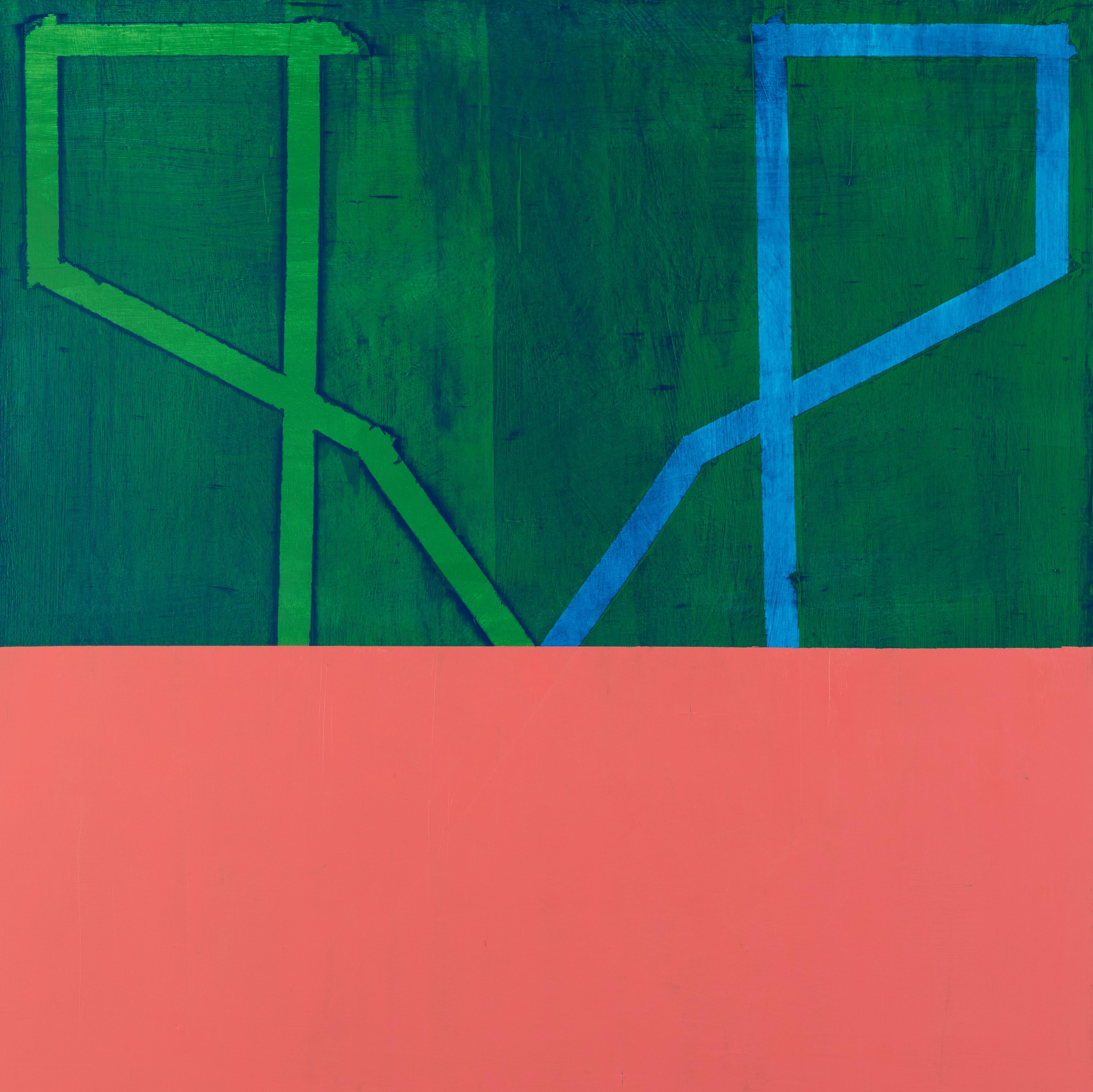 Liz Rundorff Smith Abstract Painting - Bandaid, green and pink abstract oil painting on wood panel