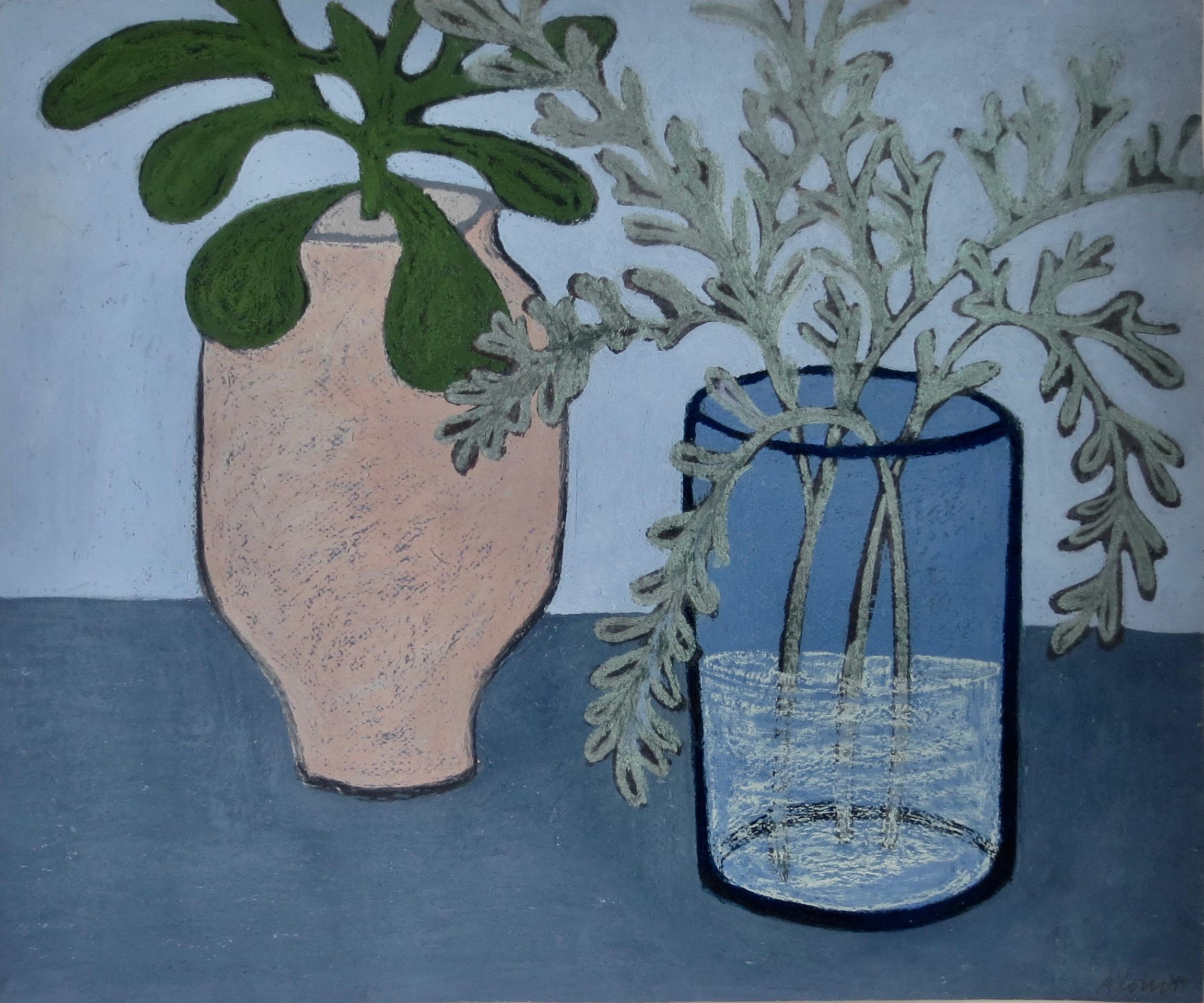 Cool Thursday, interior still life scene, blue work on paper with plants