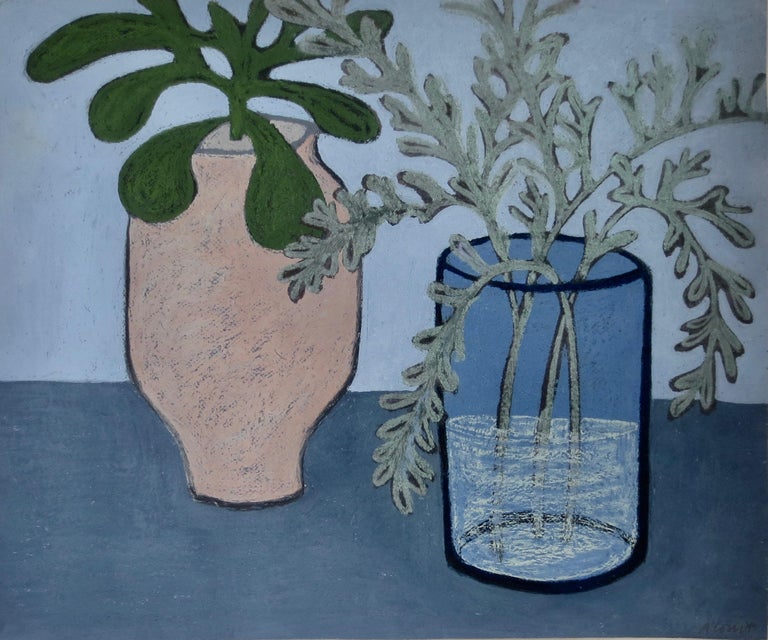 Angela A'Court Interior Art - Cool Thursday, interior still life scene, blue work on paper with plants