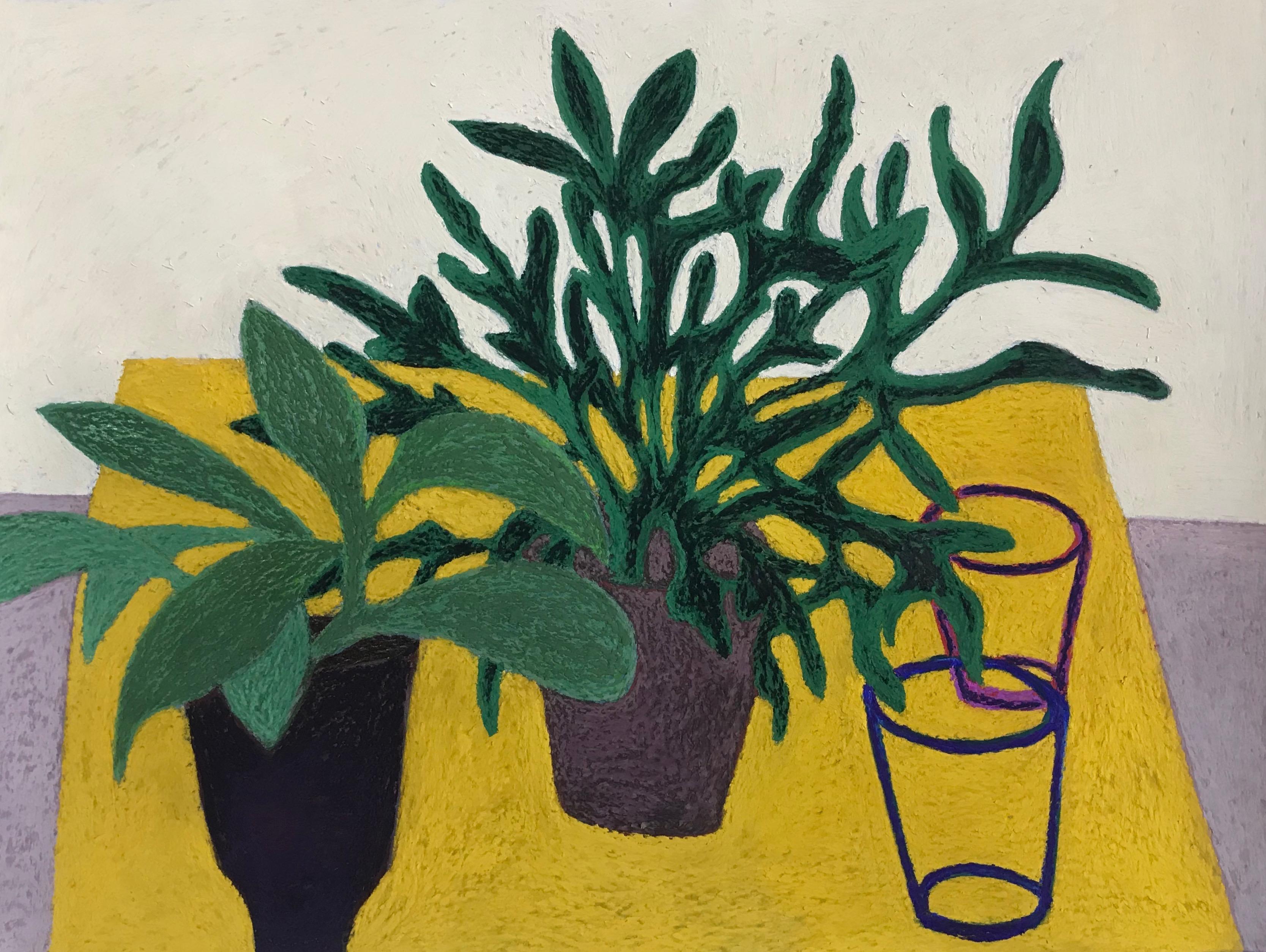 Green Days, interior still life with plants, green and yellow