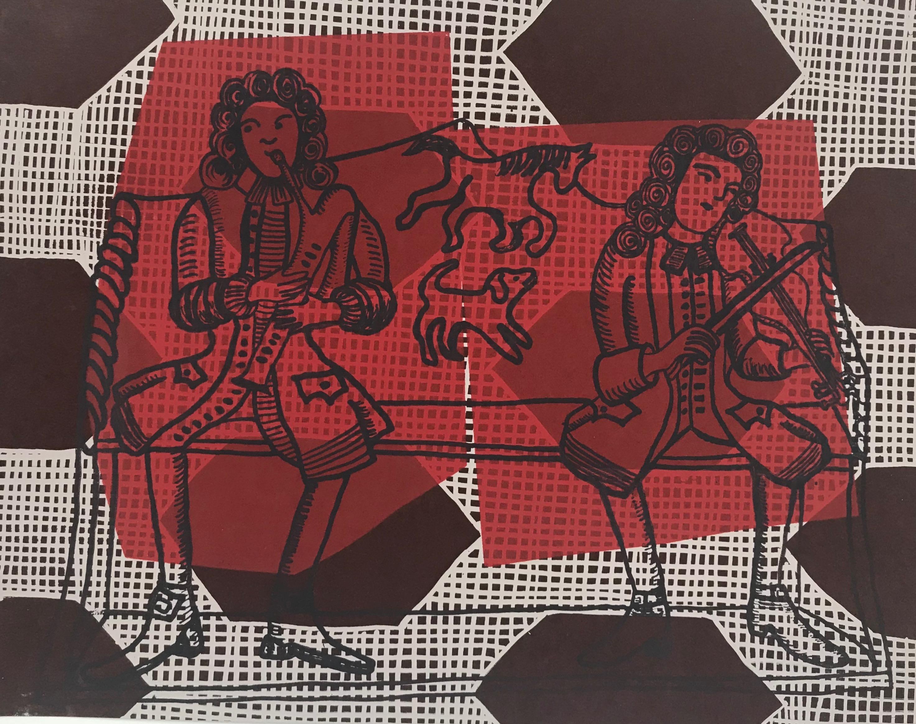 Pew Musicians, red work on paper with dog and horse