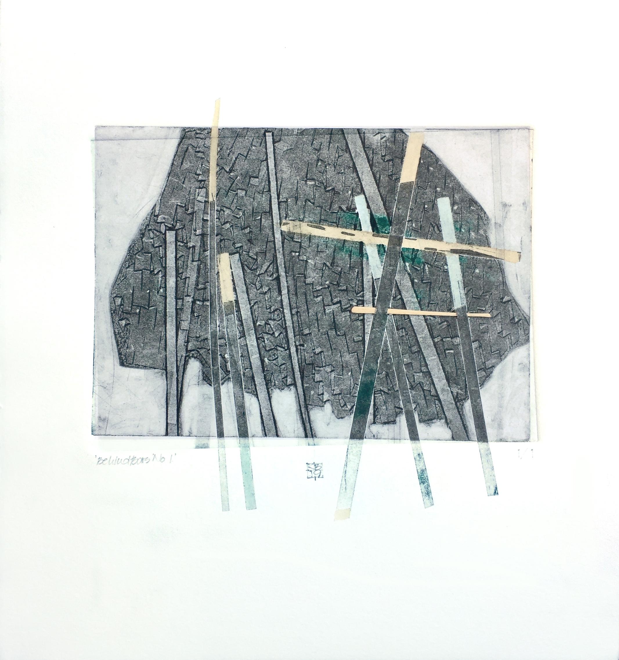 Behind Bars No. 1, abstract mixed media on paper, grey