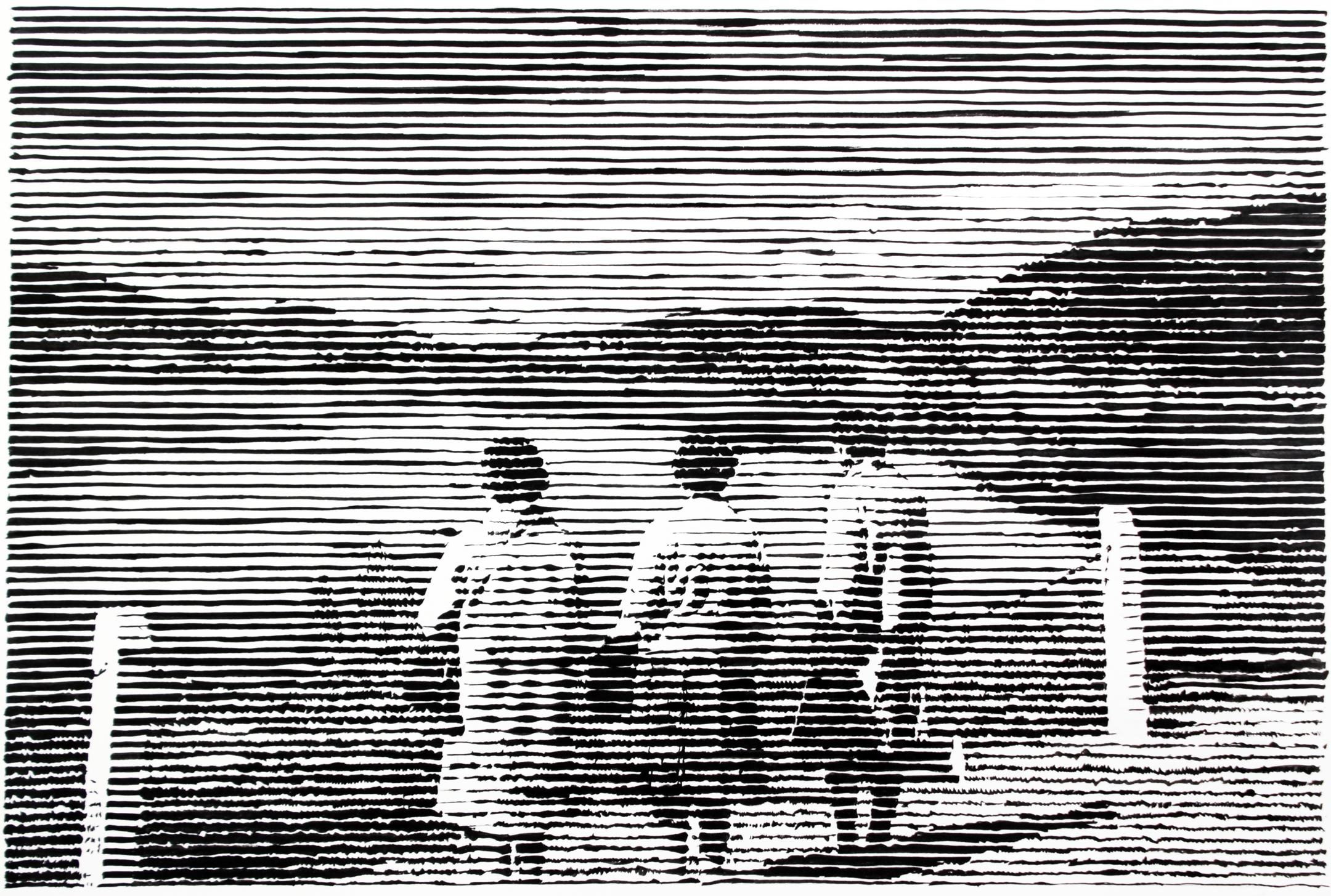 Three Women, black and white work on paper, landscape