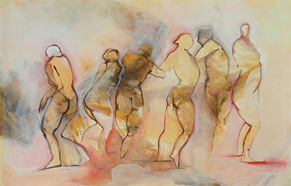 Silvina Mamani Figurative Art - Escape, female dancers in motion, tan mixed media on paper