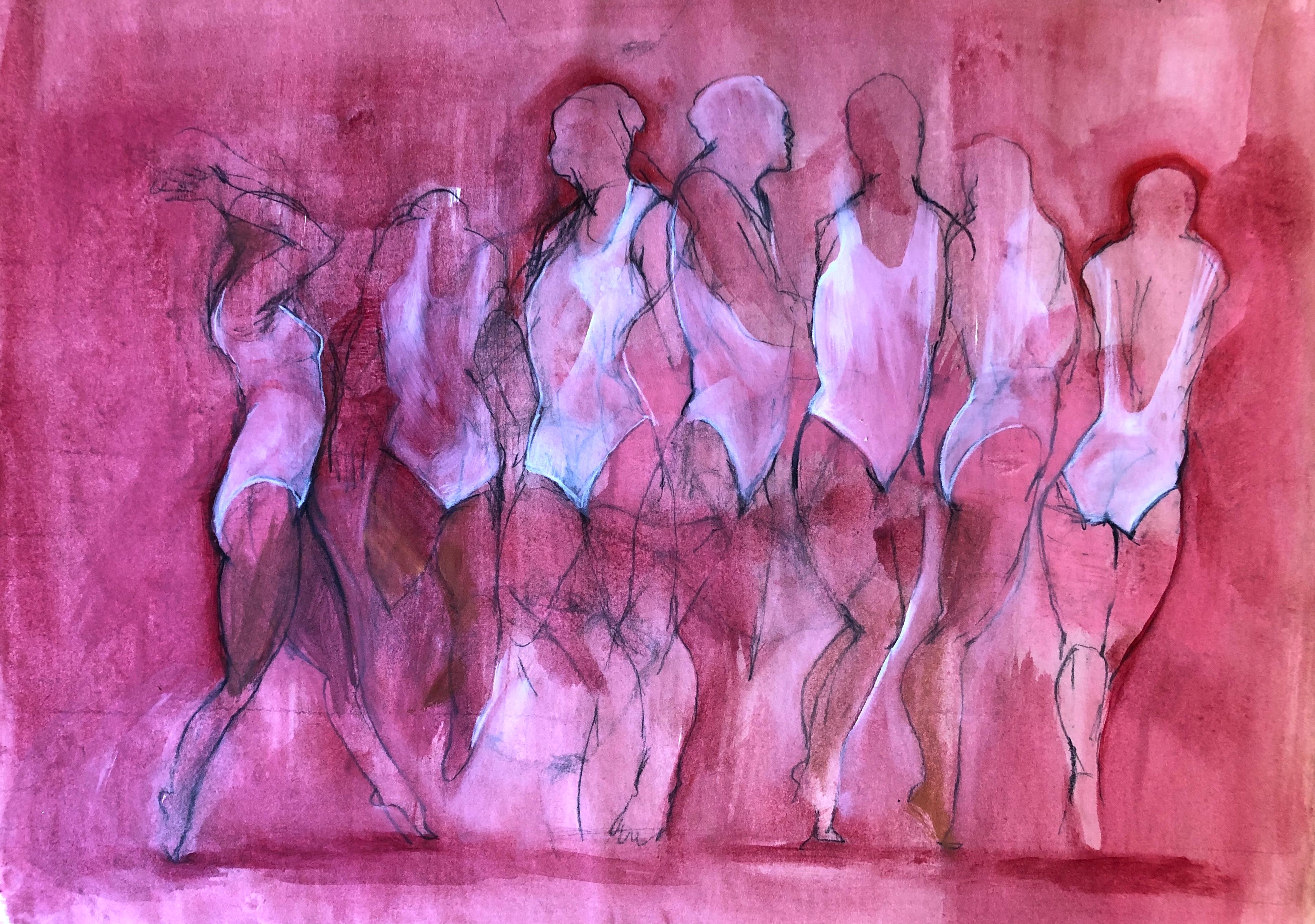 Silvina Mamani Figurative Painting - Melodia, female dancers in motion, red mixed media on paper