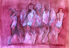 Melodia, female dancers in motion, red mixed media on paper