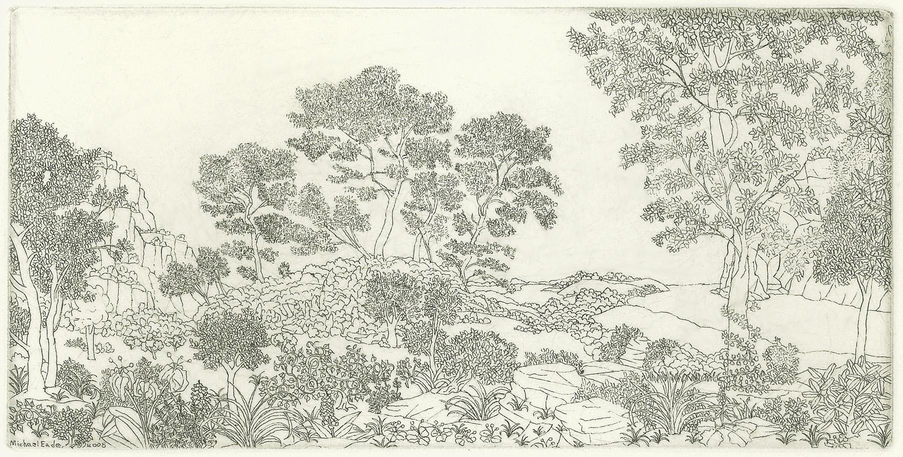 Michael Eade Landscape Art - Landscape No. 1, intricate etching of a forest on paper