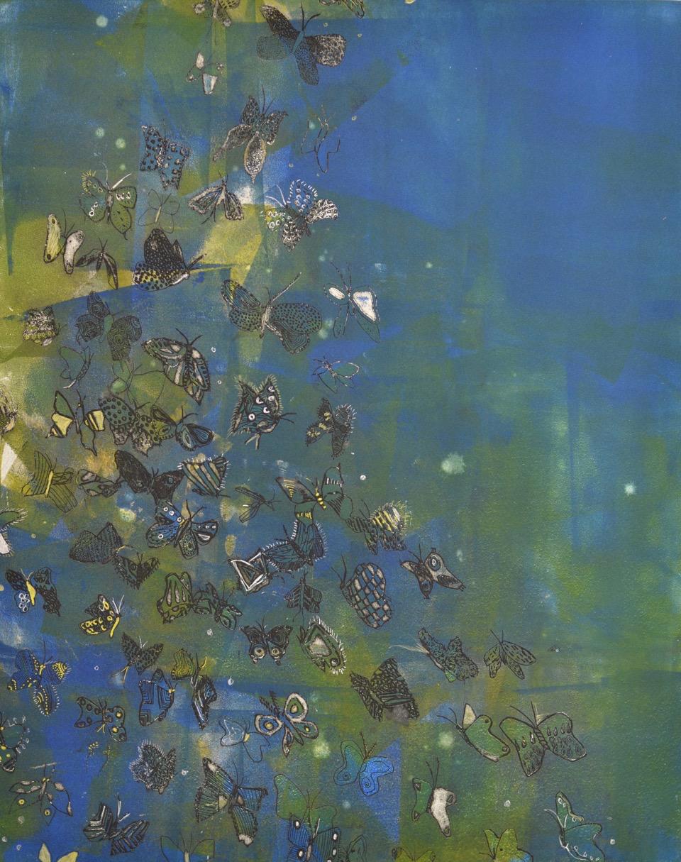 Fumiko Toda Animal Art - Butterfly Away (Blue and Yellow)