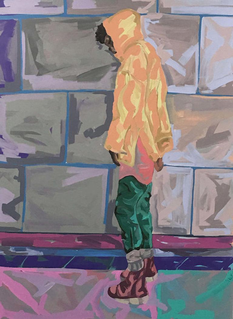 Untitled 34, figurative painting of man on a city street, yellow and green