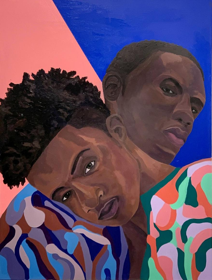 Untitled 132, portrait of 2 young men in multicolored clothes, blue and pink