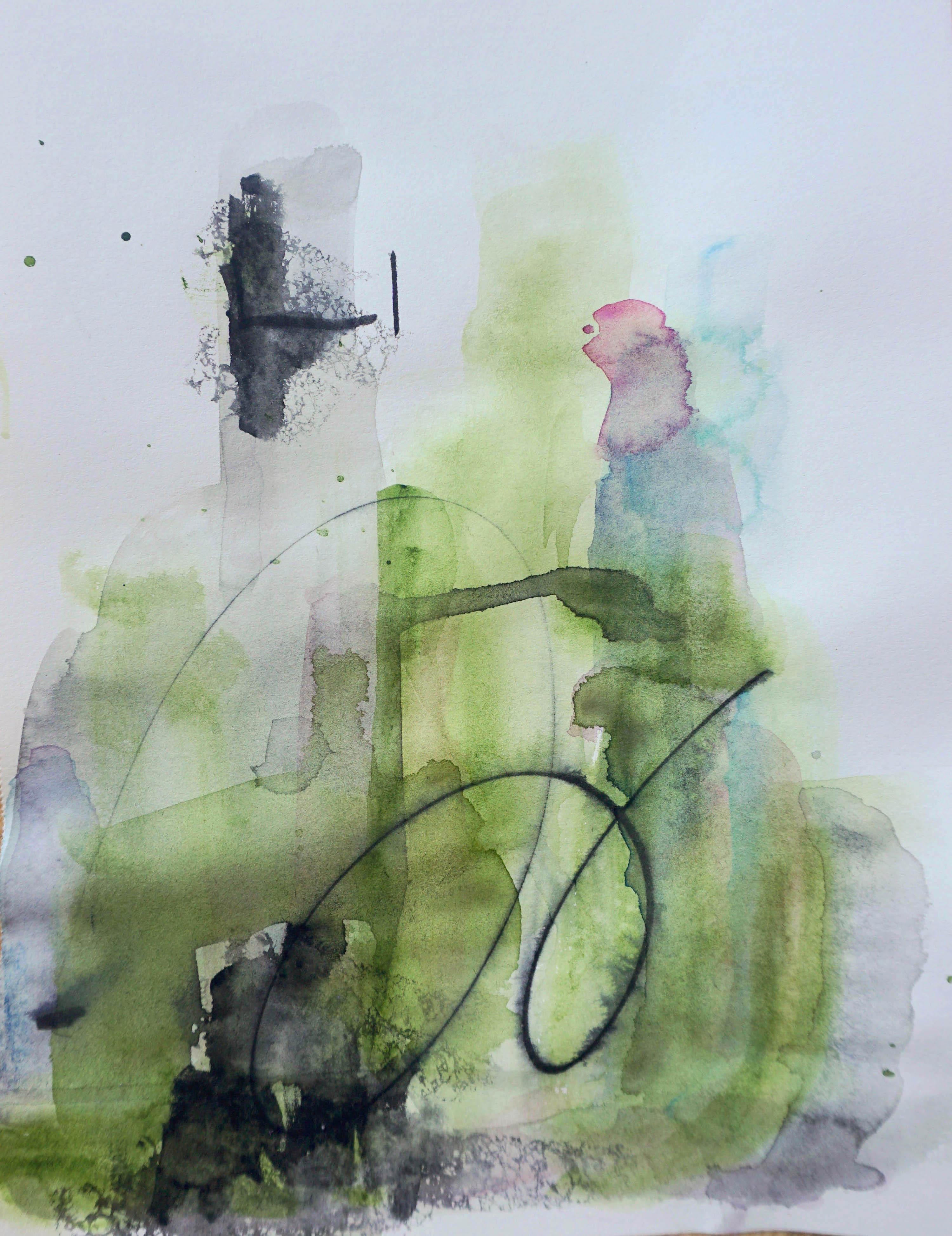 Lisa Fellerson Abstract Drawing – „In the Forest“, grünes abstraktes Aquarell auf Archivpapier