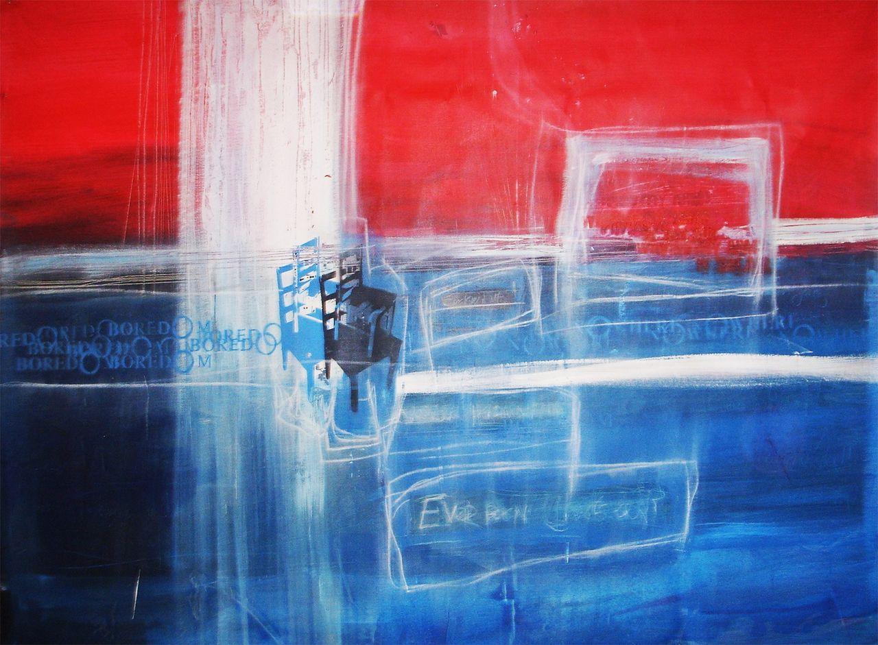 Alex Wood Abstract Painting - In The Meantime, blue and red abstract mixed media painting, large