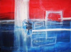 In The Meantime, blue and red abstract mixed media painting, large