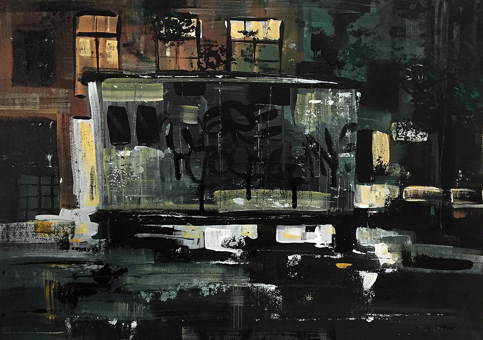David Platt Figurative Painting - I Am Still Here And Going Nowhere, abstracted city scene at night, graffiti 