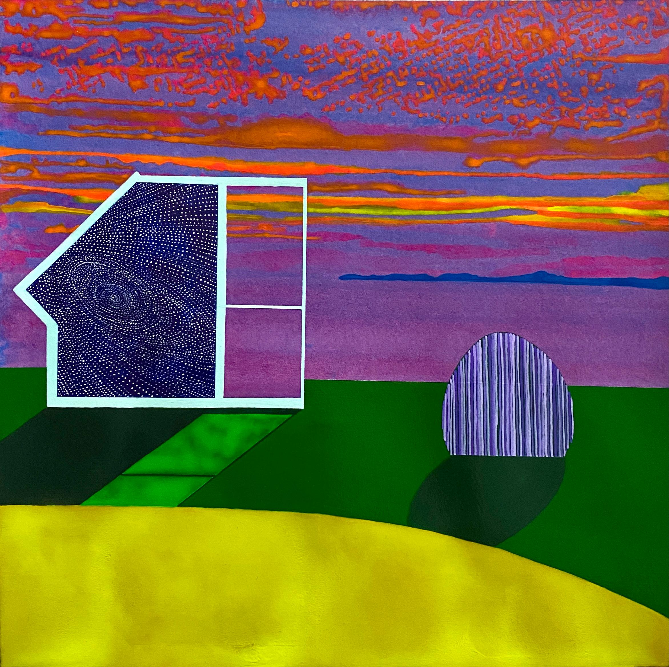 Departure, bright surrealistic painting of architecture against sunset