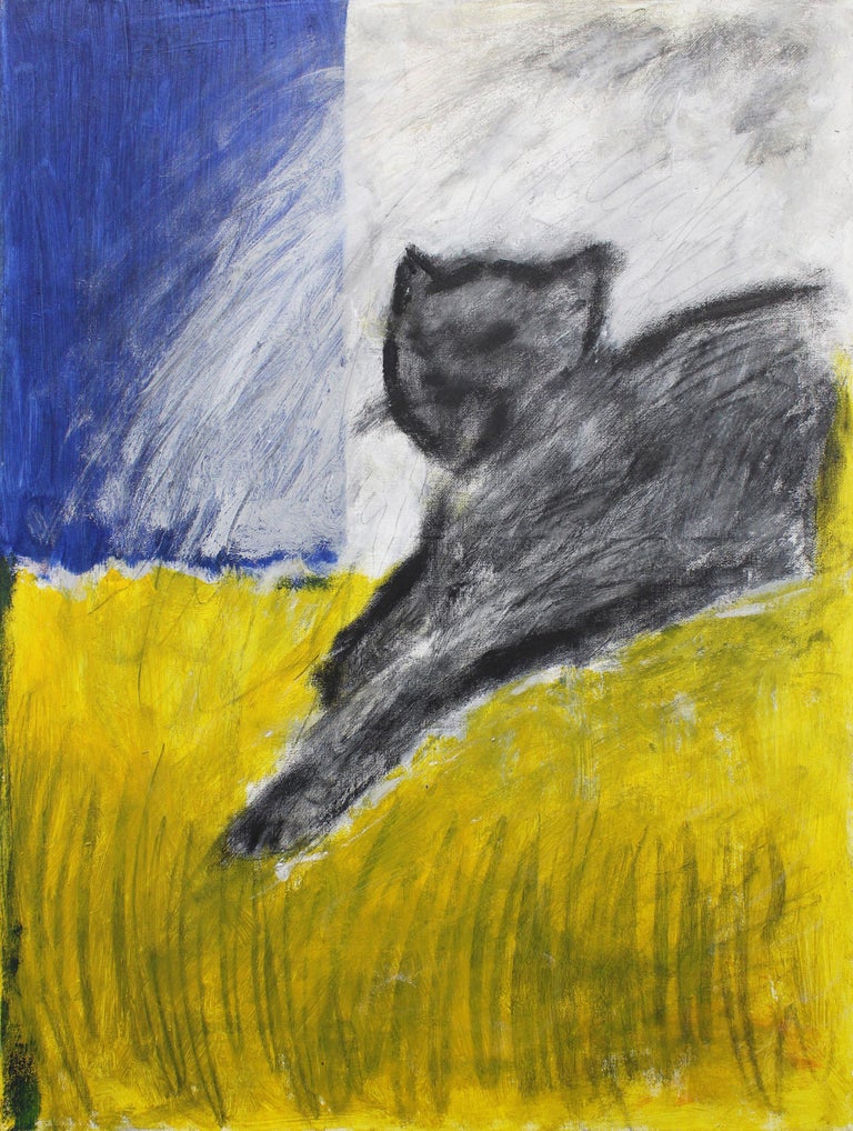 Buwei Hu Figurative Painting - Cat No.3, abstract oil painting of black cat, blue and yellow background