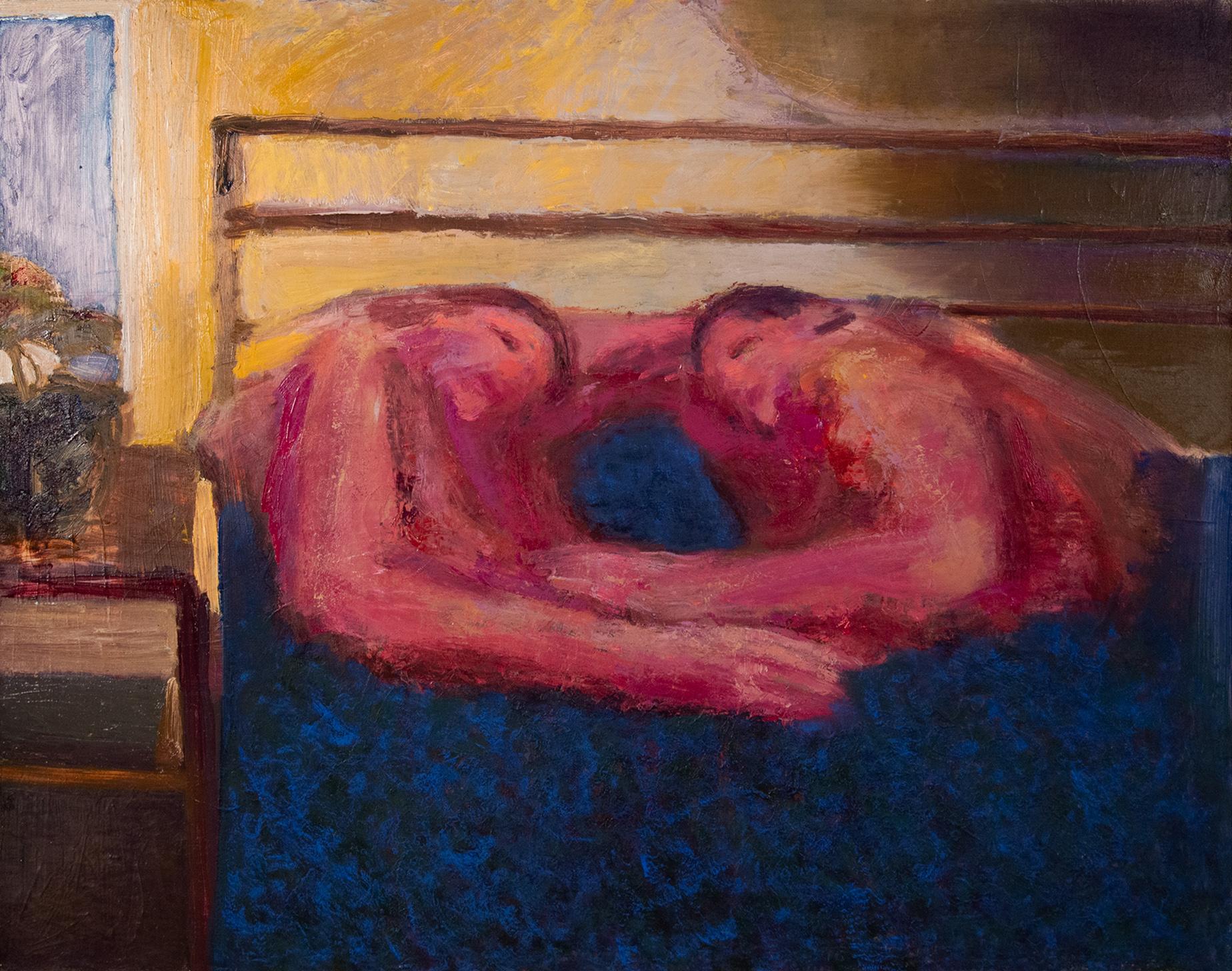 Francisco Rocha Salazar Nude Painting - Nosotros, figurative oil painting of two people embracing in bed, red and blue