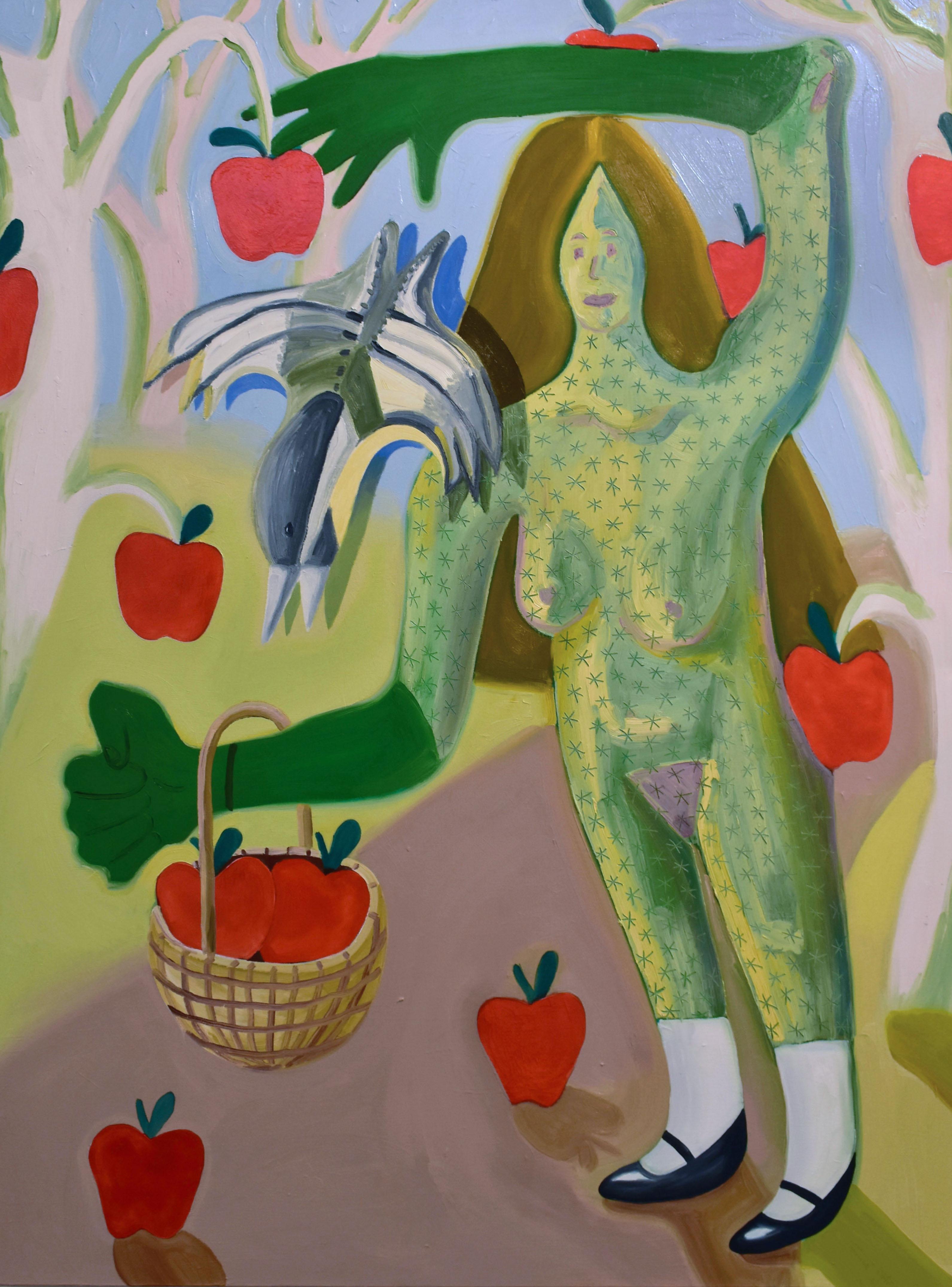 Lily Nickel Figurative Painting - Apple Picking, figurative oil painting on canvas of nude girl in forest, surreal
