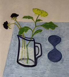 Blue Hour (blau, floral, Blumen, Gefäße, strukturiert, Pastell auf Papier)