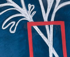 This Morning (bleu, rouge, floral, nature morte texturée, pastel sur papier)