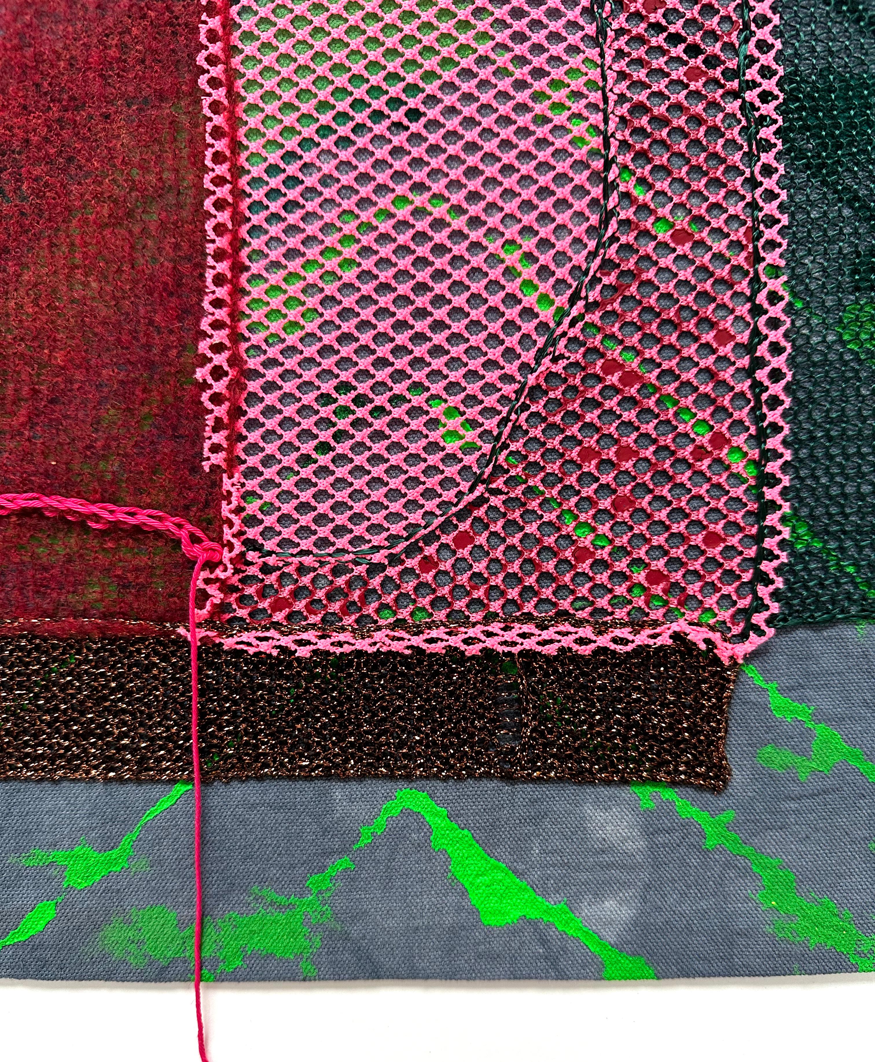 Hand-machine knitted thread, fluid acrylic on dyed fabric

Statement
My work is at the intersection of painting, object making, and immersive installation. I use various materials such as vintage threads, hand-dyed fabrics, burlap, canvas, paint,