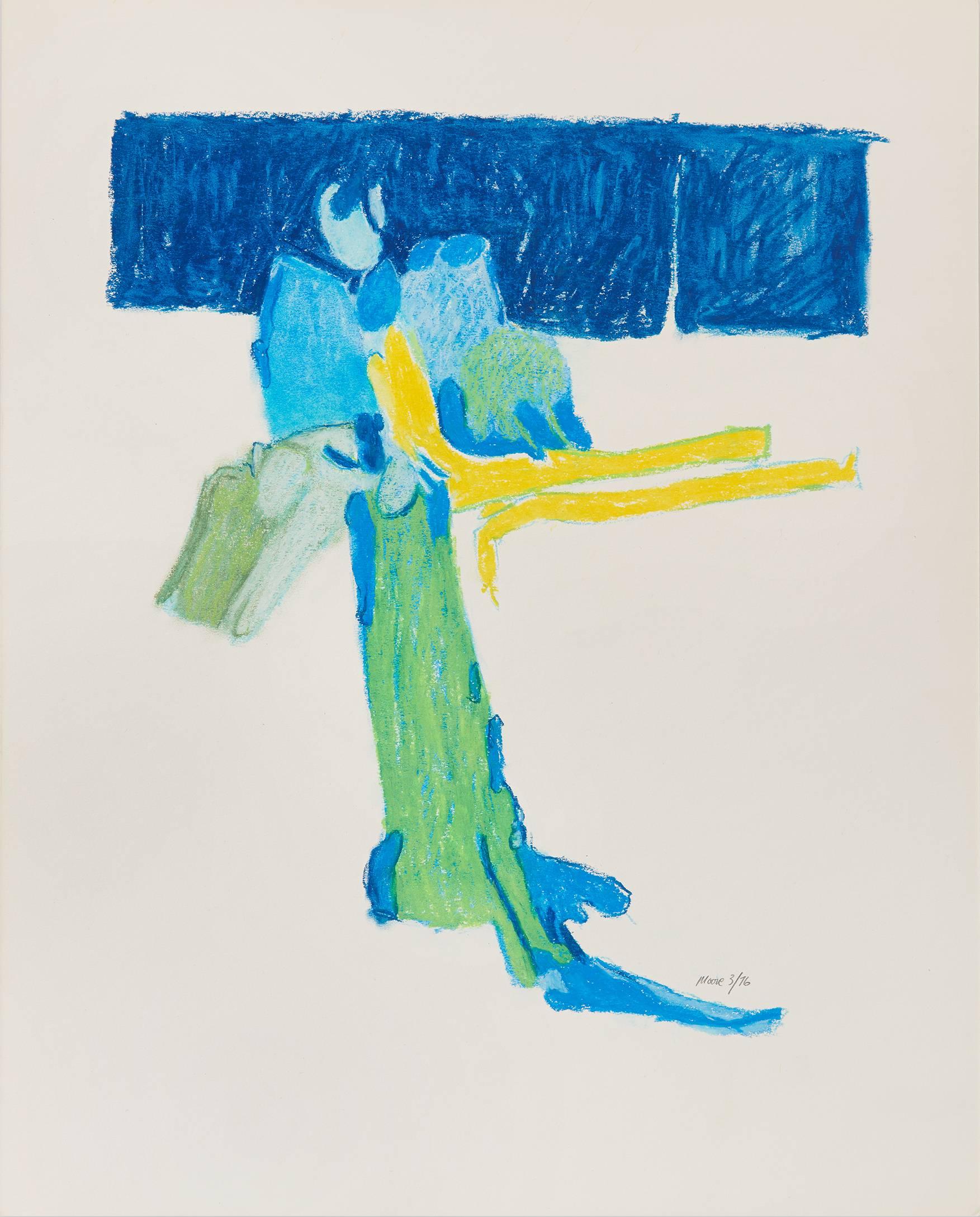 James Moore Abstract Drawing - Untitled II (blue), pastel on paper, 20 x 16 inches. Bold colors