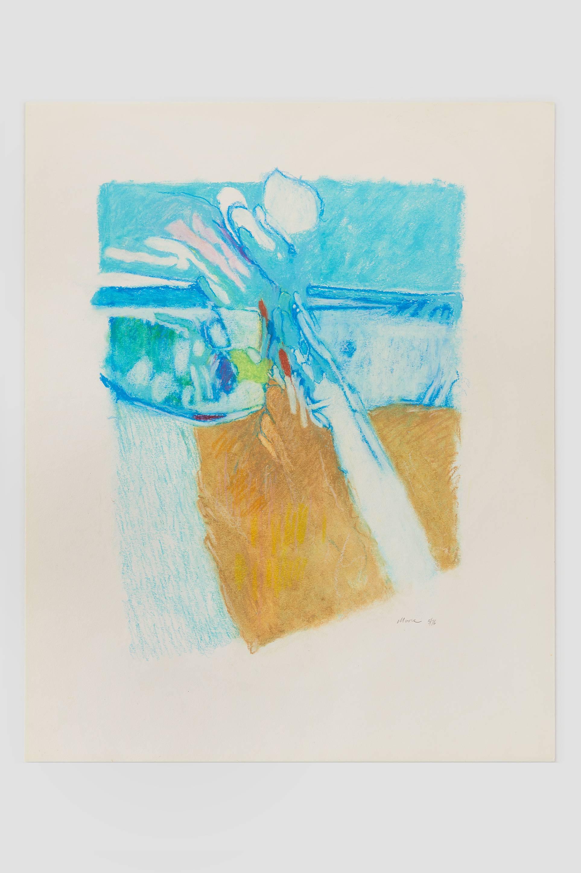 Untitled II (blue brown), pastel on paper, 20 x 16. Unbalanced color scape - Art by James Moore