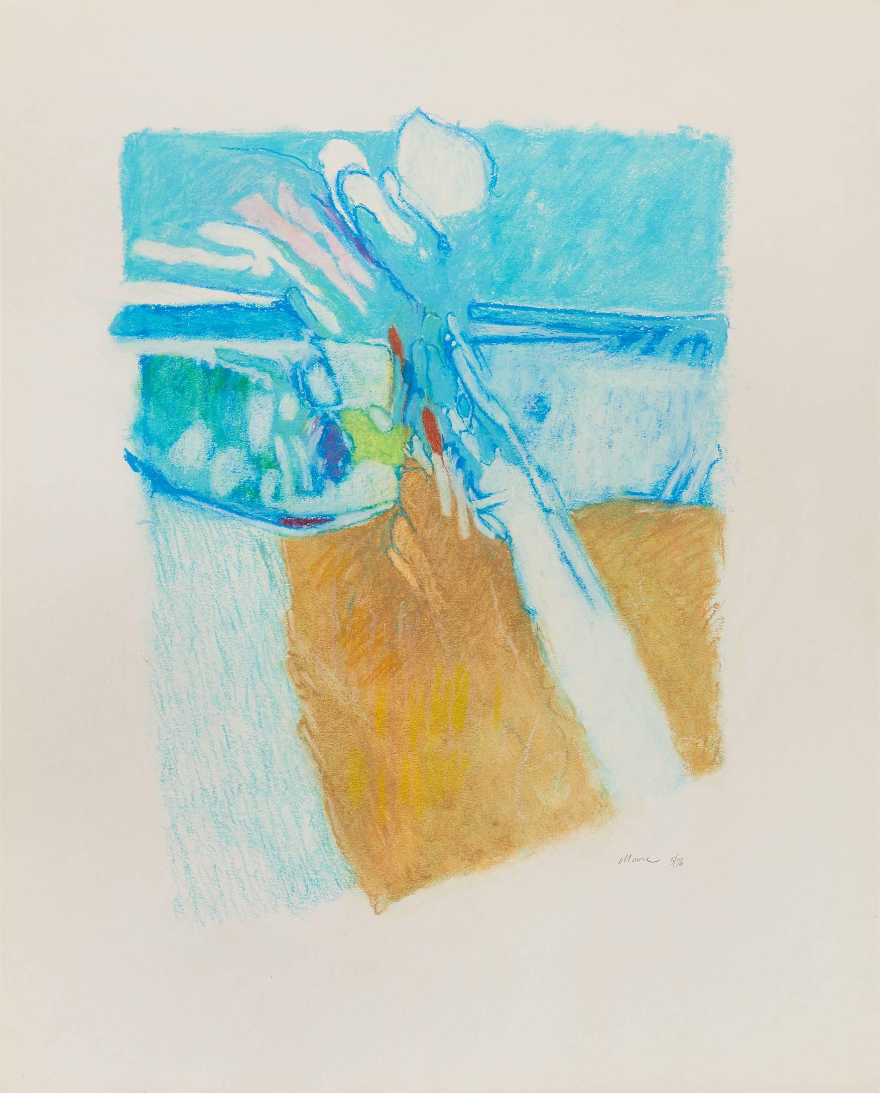 James Moore Abstract Drawing - Untitled II (blue brown), pastel on paper, 20 x 16. Unbalanced color scape