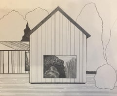 Receder, graphite on paper, 5.25 x 6.365 inches. Drawing of a house
