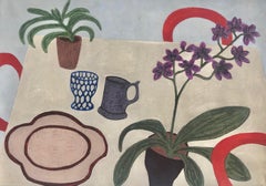 Three Red Chairs, still life interior setting with plants, work on paper