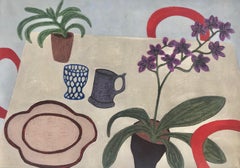 Three Red Chairs, still life interior setting with plants, work on paper