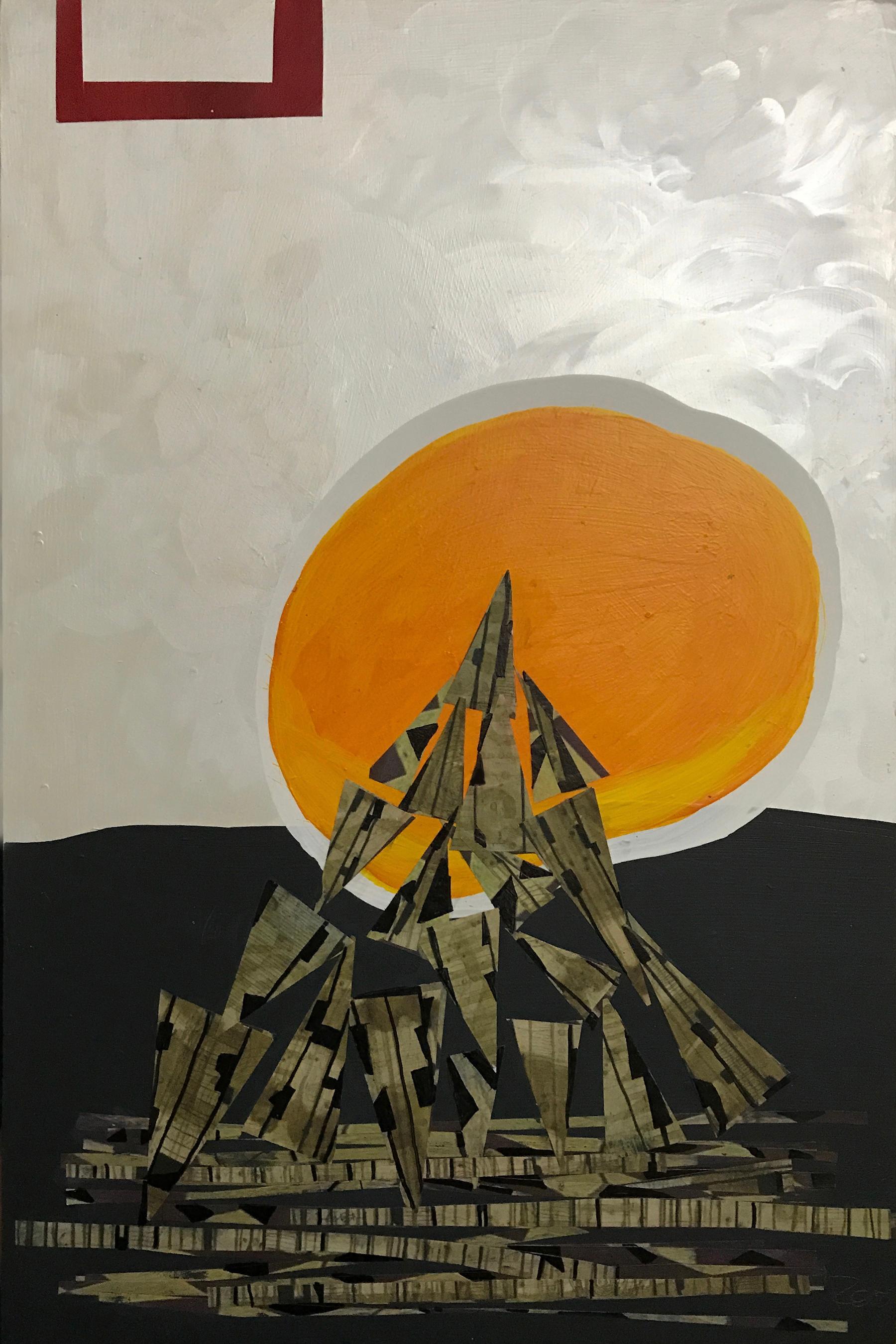 Peaking, mixed media collage of mountainscape, orange sun