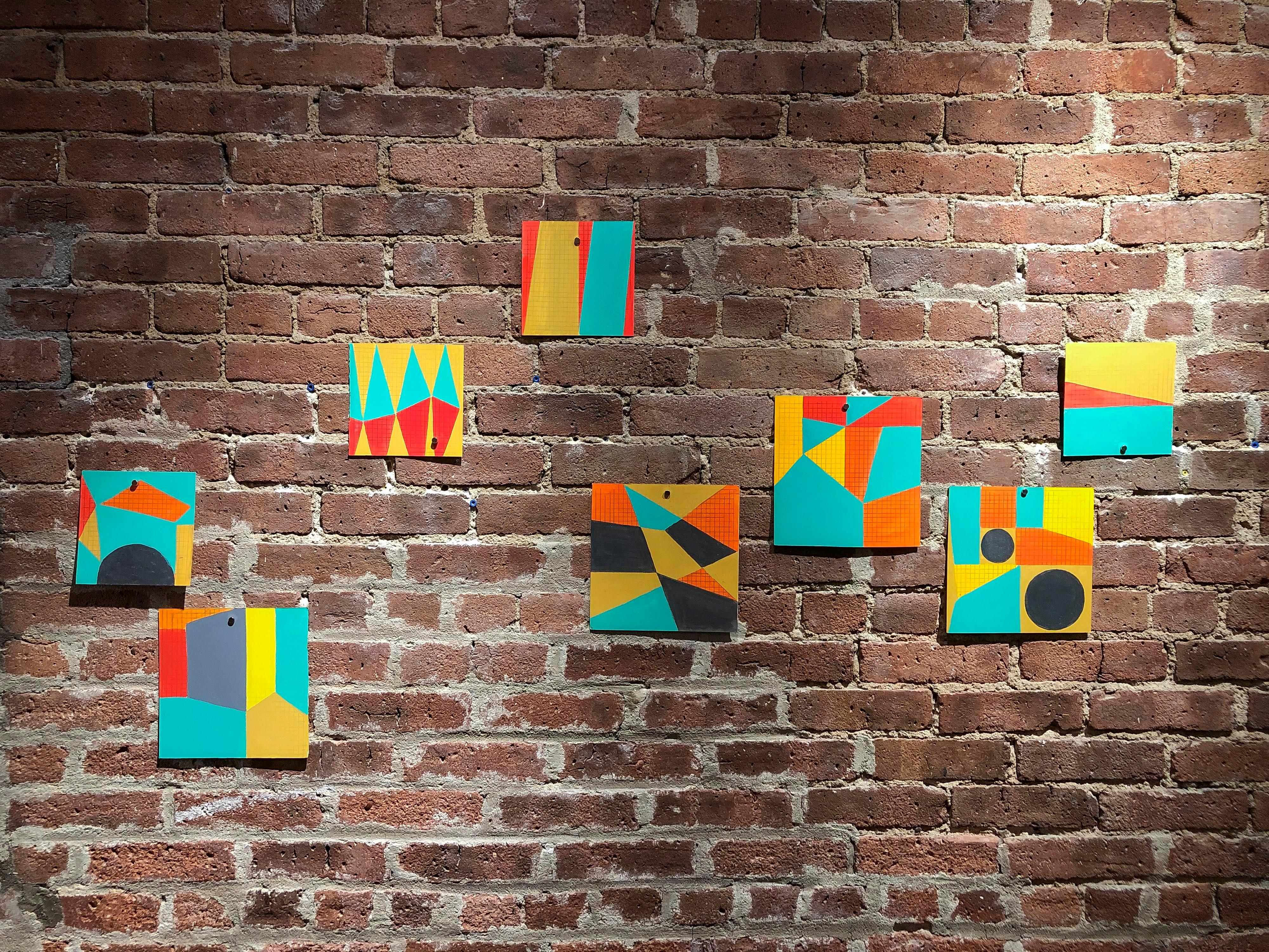B1, abstract geometric pattern, mixed media on paper, green, yellow and red - Art by Caryn Azoff