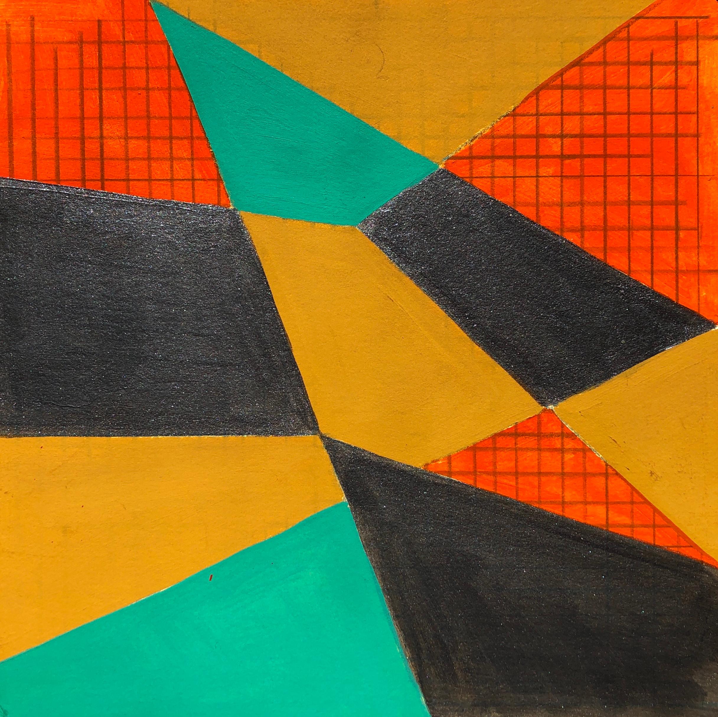 B2, abstract geometric pattern, mixed media on paper, green, yellow and red