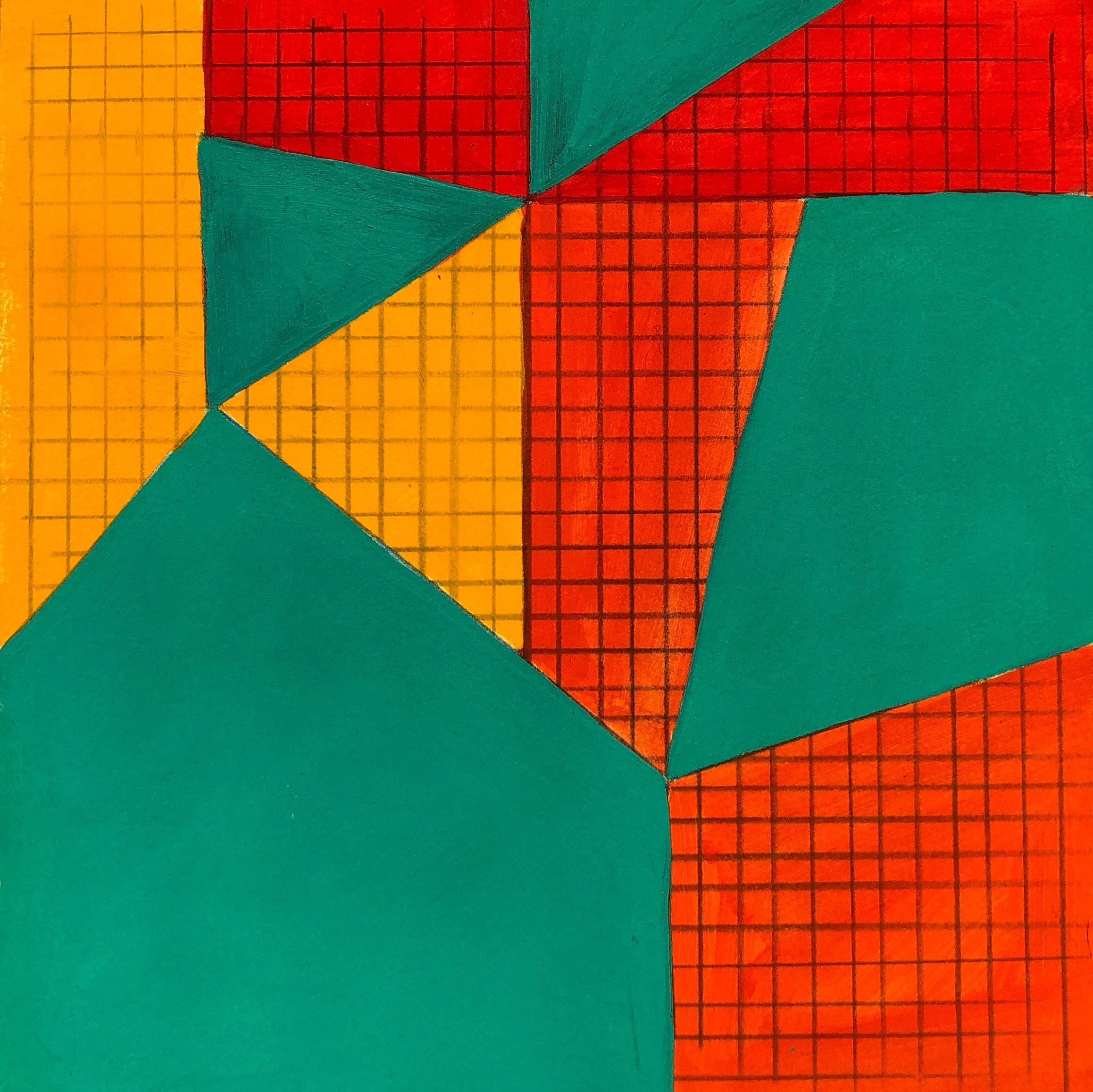 B3, abstract geometric pattern, mixed media on paper, green, yellow and red