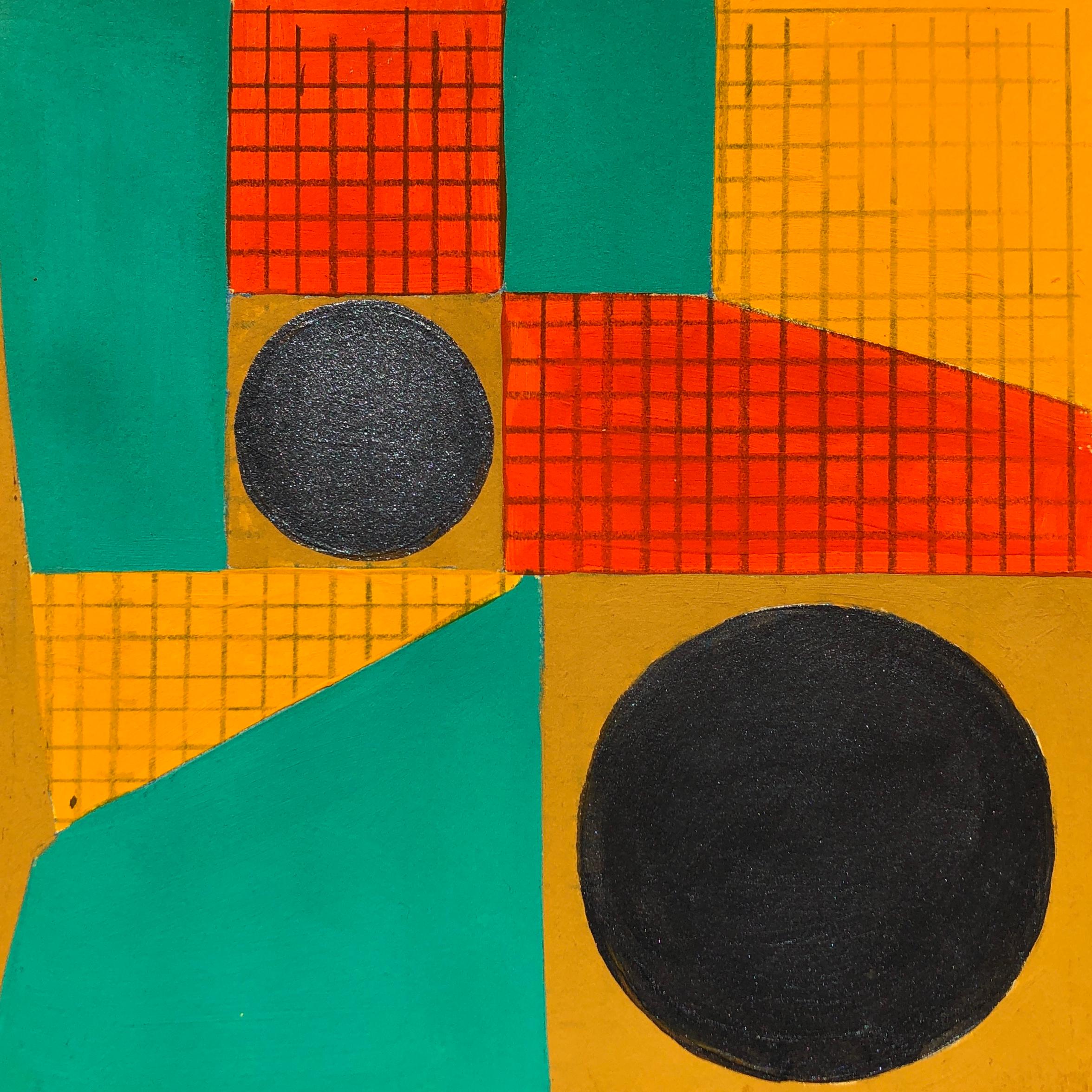 Caryn Azoff Abstract Drawing - B4, abstract geometric pattern, mixed media on paper, green, yellow and red