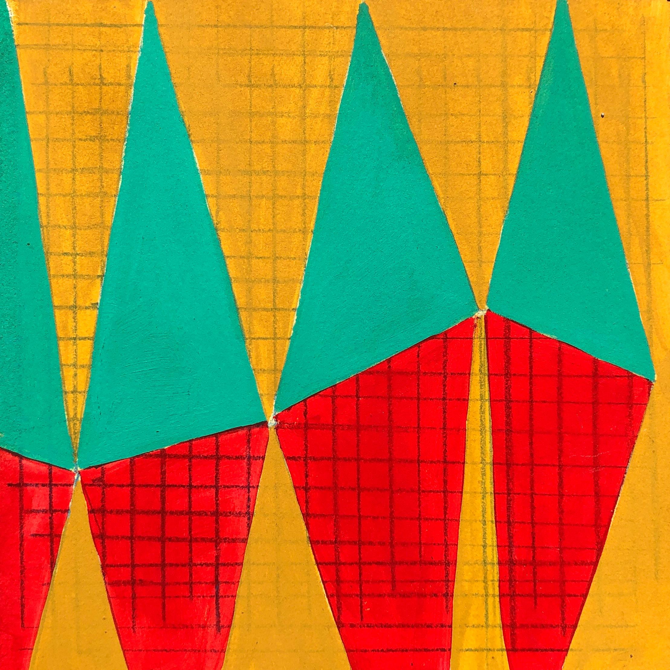 S2, abstract geometric pattern, mixed media on paper, green, yellow and red