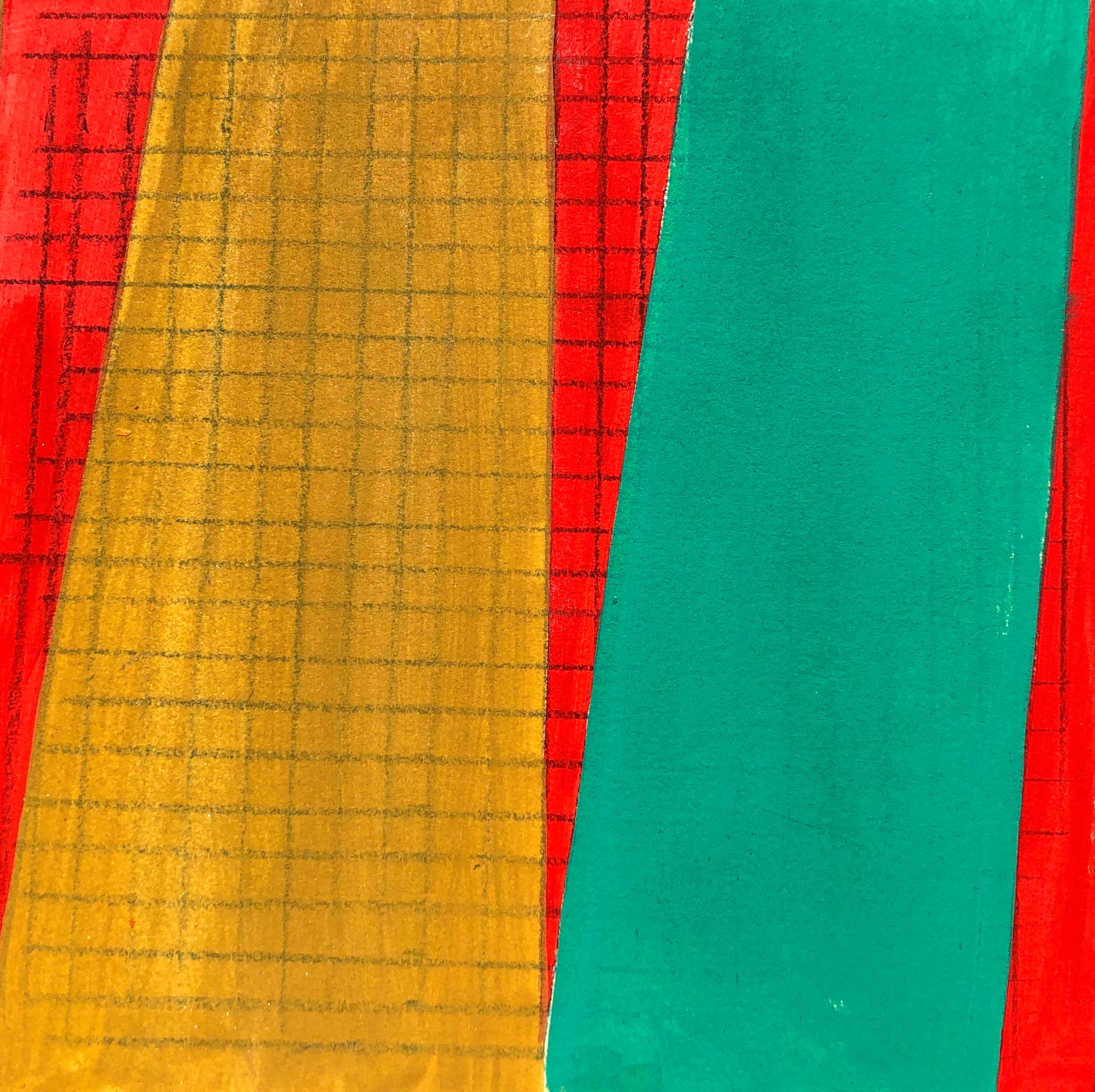 Caryn Azoff Abstract Drawing - S3, abstract geometric pattern, mixed media on paper, green, yellow and red