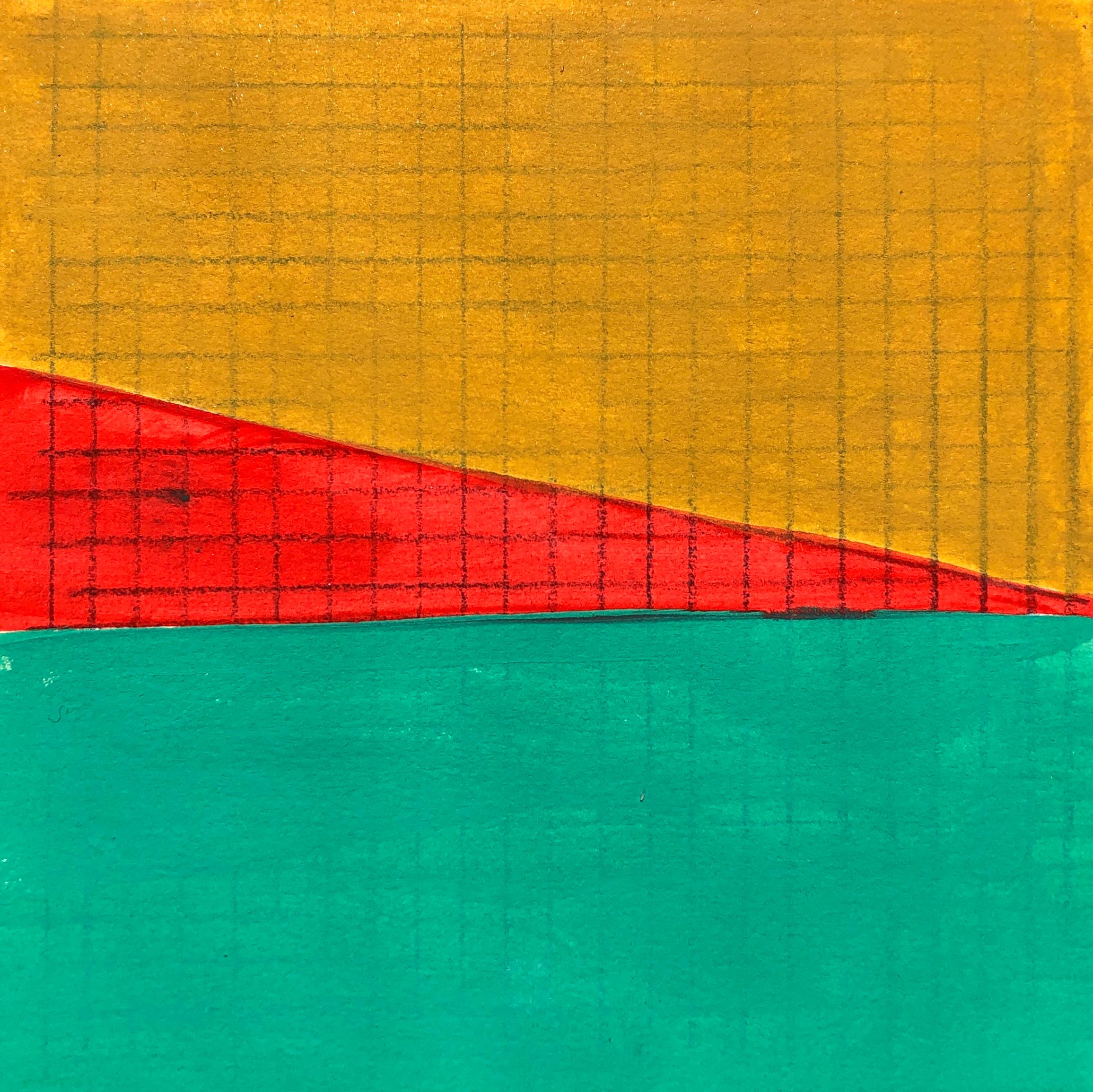 Caryn Azoff Abstract Drawing - S4, abstract geometric pattern, mixed media on paper, green, yellow and red