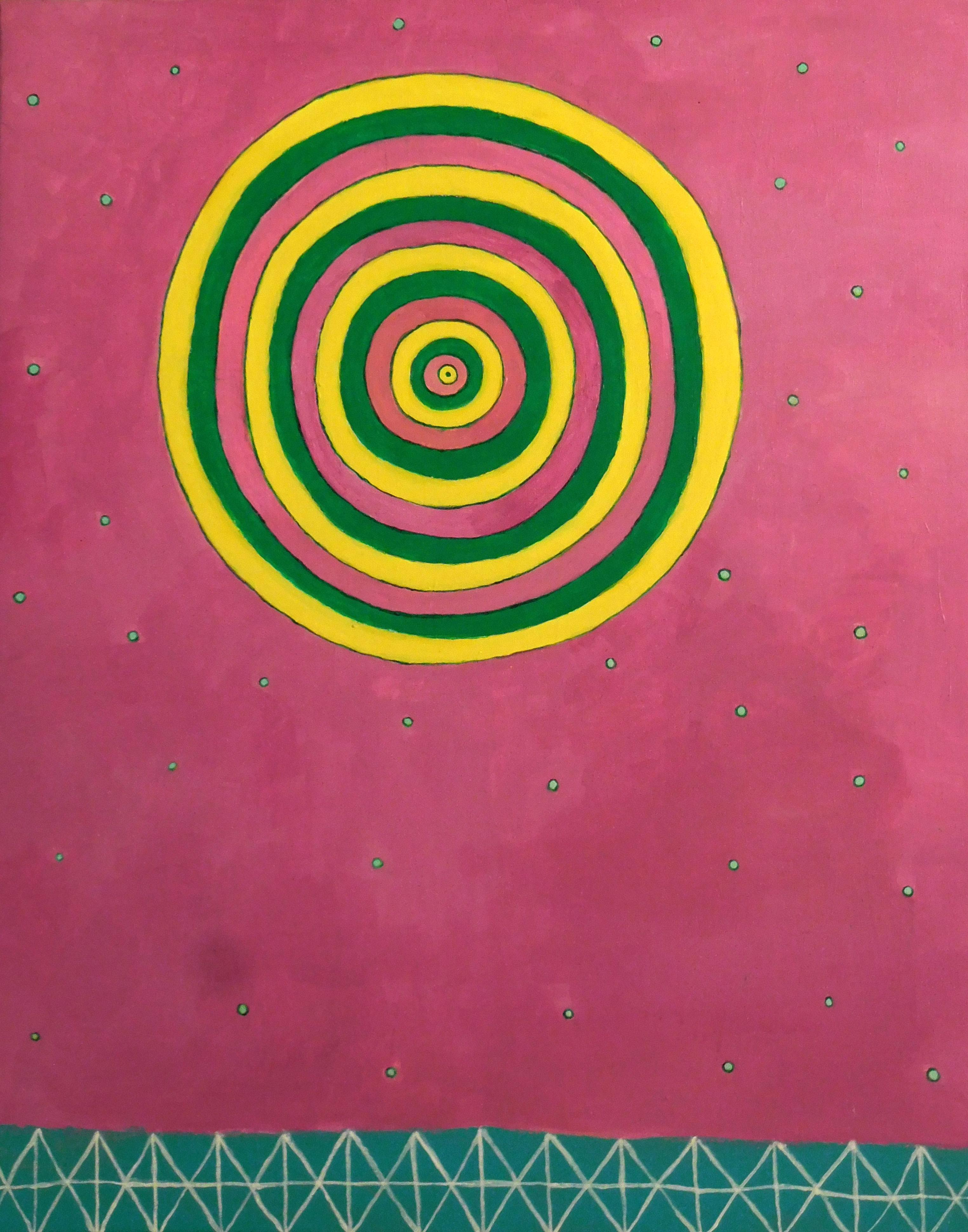 David Reisman Abstract Painting - Orbit, abstract pink and yellow painting on canvas