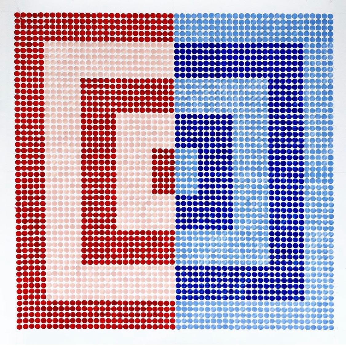Eun Vivian Lee Abstract Painting - North & South Korea Meet, abstract geometric pattern, red and blue