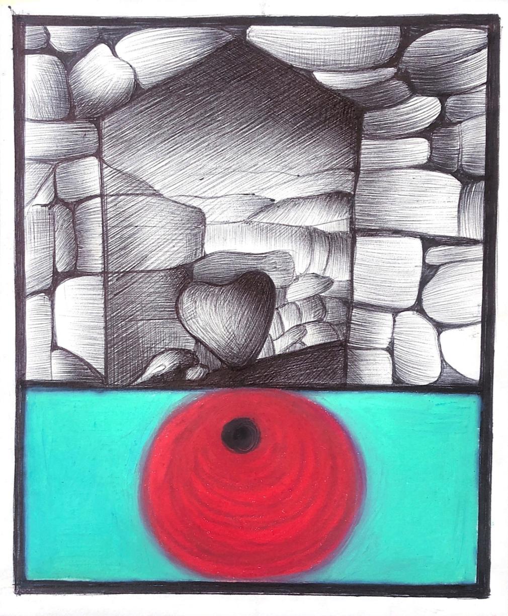 Caterina Arciprete Landscape Art - Heart, mixed media on paper, blue and red