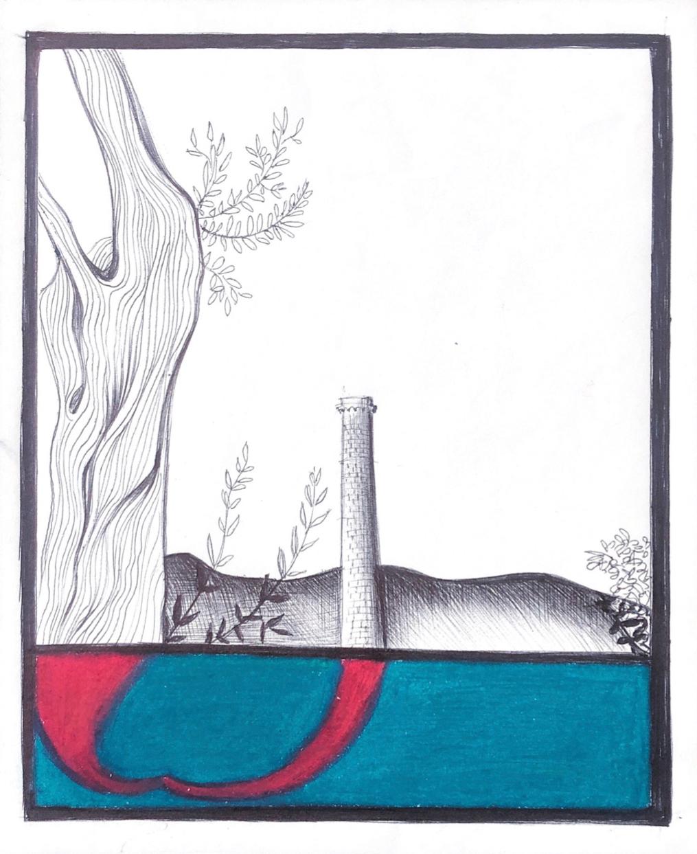 Caterina Arciprete Landscape Art - History of Paxos Island, mixed media on paper, blue and red