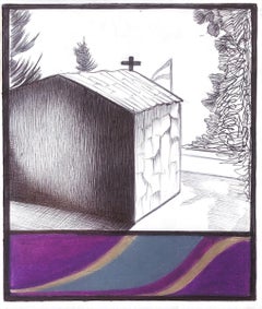 Little Church, mixed media on paper, purple