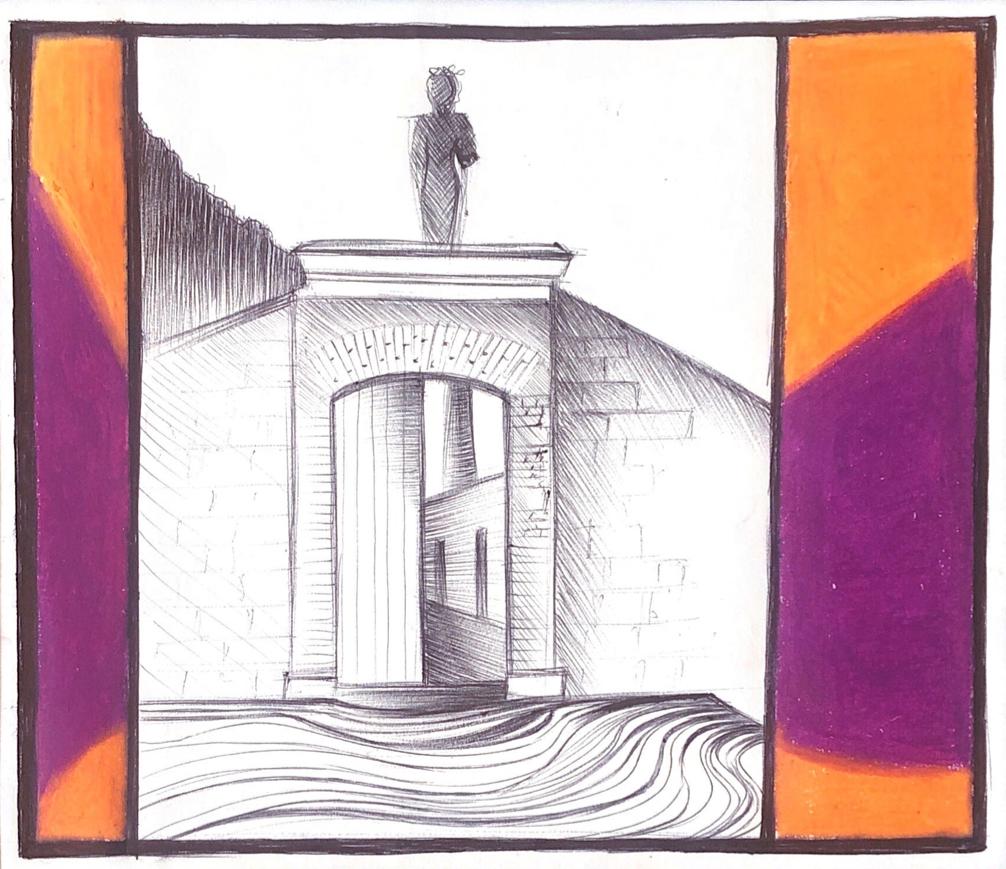 Caterina Arciprete Abstract Drawing - History, mixed media work on paper, purple and orange